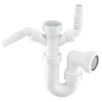 White 40mm washing machine waste trap with integrated appliance spigot for under-sink connection