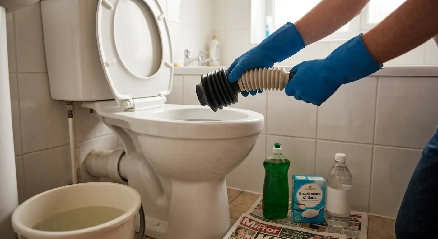 Homeowner wearing blue rubber gloves preparing to unblock a UK toilet without chemicals