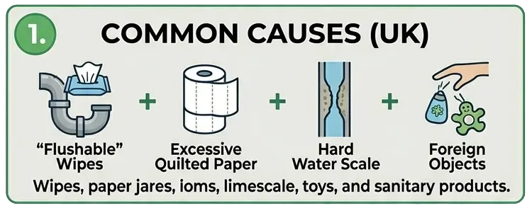 Diagram showing common items that block UK toilets including wet wipes, thick toilet paper, and foreign objects