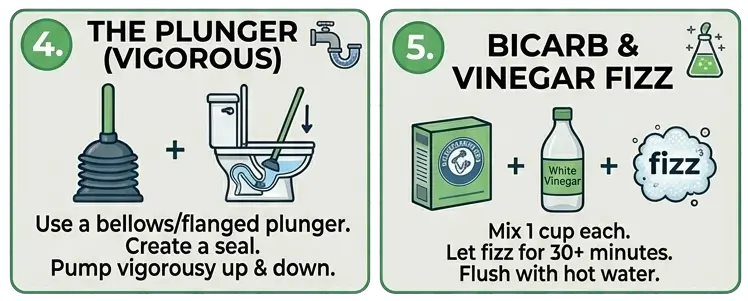 Correct use of a flanged plunger in a UK toilet bowl to clear a blockage