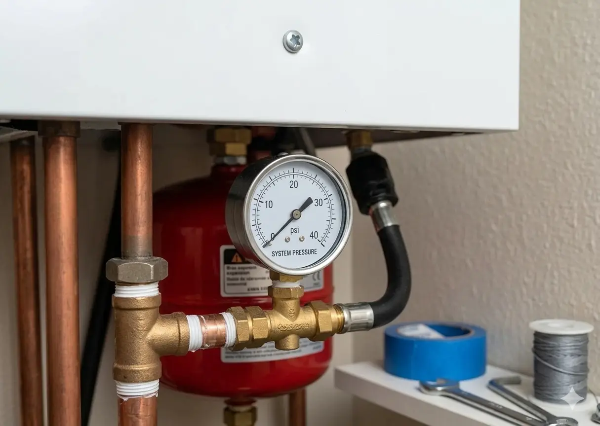 Infographic showing causes of boiler pressure drop in a UK heating system including expansion vessel and pipe leak