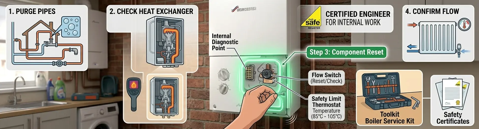 Animated illustration showing a hand pressing a vibrating boiler casing to stop the noise