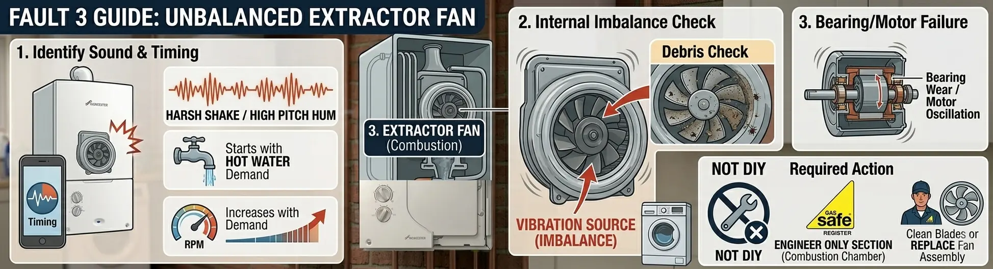 Animated internal view of a boiler fan assembly showing imbalance and frame vibration