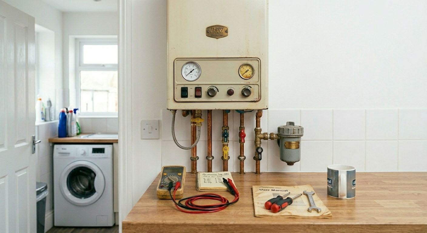 A modern UK combi boiler with control panel visible, demonstrating a typical home heating scenario