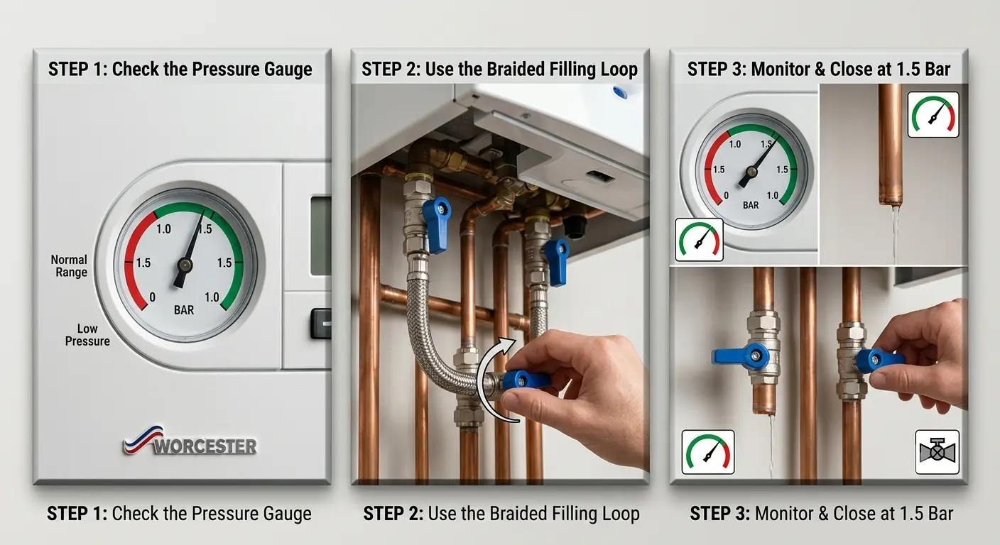 Diagram showing how to check a UK boiler hydraulic pressure gauge and open the braided filling loop valves