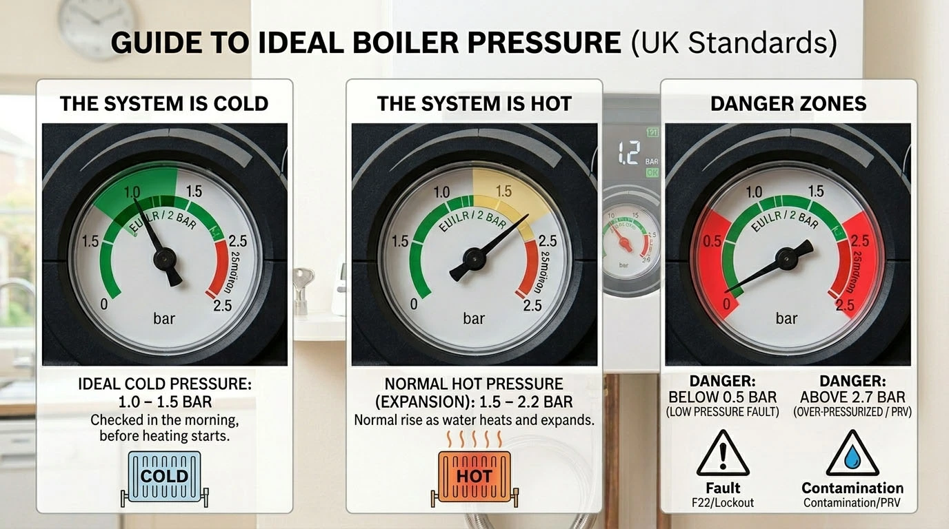 Close-up diagram of a UK boiler pressure gauge showing the normal green zone between 1.0 and 1.5 bar