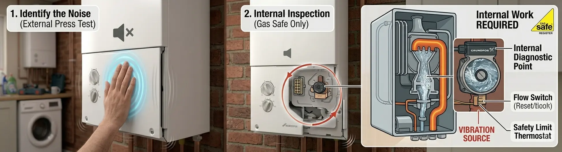 Animated internal view of a UK boiler pump showing air bubbles bursting (cavitation) causing vibration