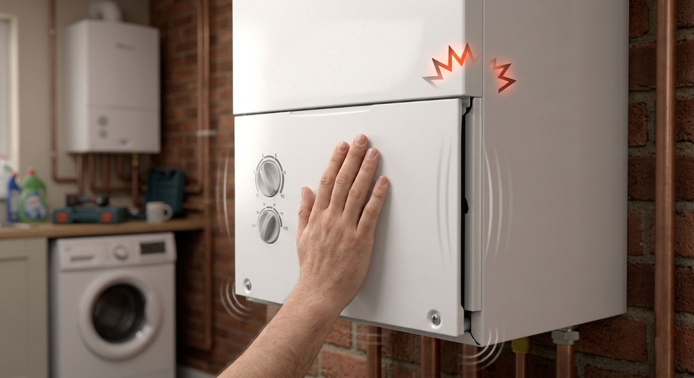 Homeowner looking at a vibrating combi boiler in a UK utility room