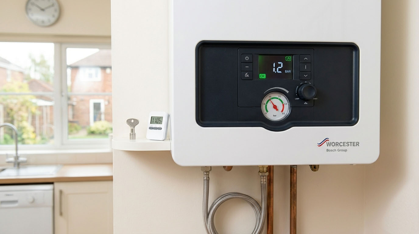 Homeowner checking the digital water pressure gauge on a Worcester Bosch combi boiler in a UK kitchen