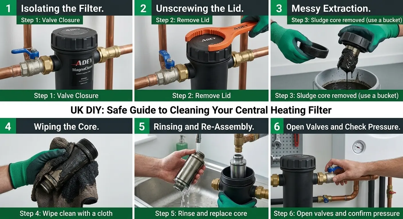 Step-by-step cleaning of a central heating magnetic filter using isolating valves and a filter spanner