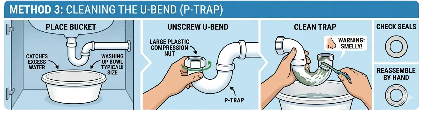 Homeowner removing a white plastic U-bend under a sink into a washing-up bowl