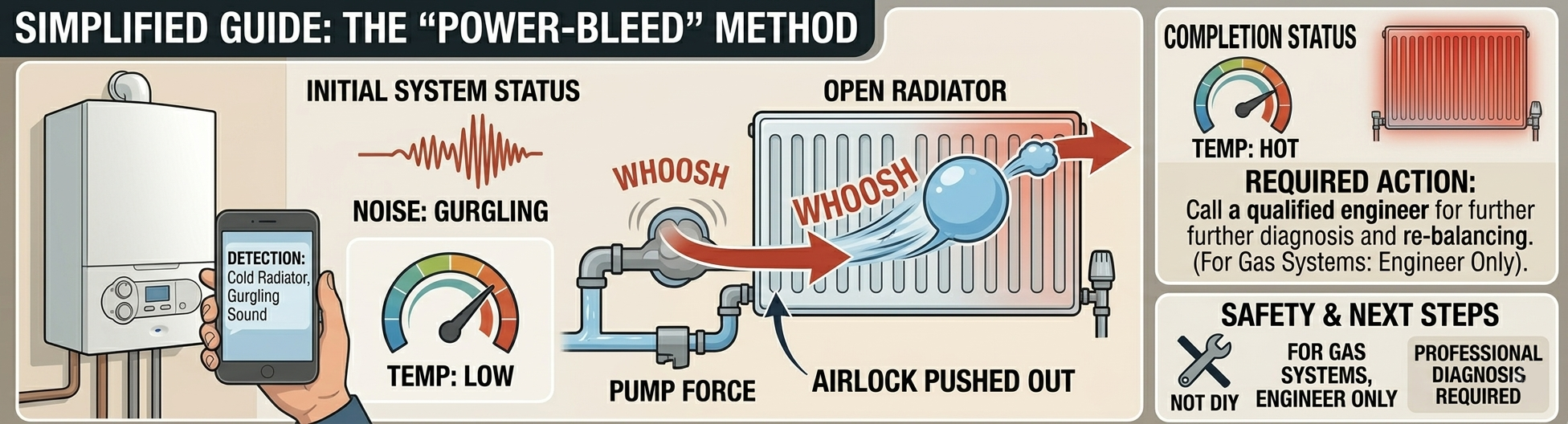 Infographic showing the Power-Bleed method to clear airlocks in UK central heating systems