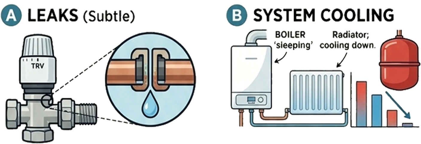 Illustration of cold shower caused by low boiler pressure