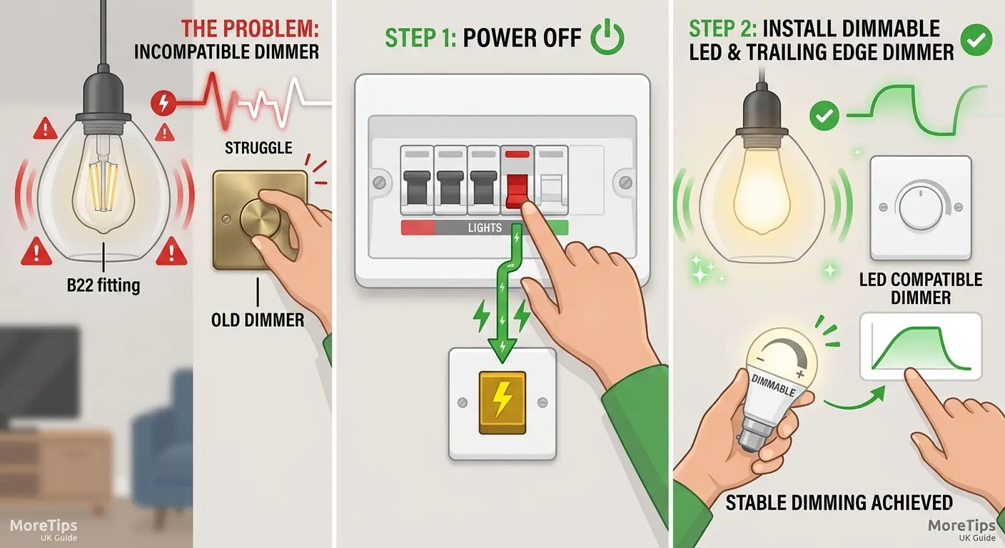 Close-up of a UK chrome trailing-edge LED dimmer switch being adjusted to fix a flickering light