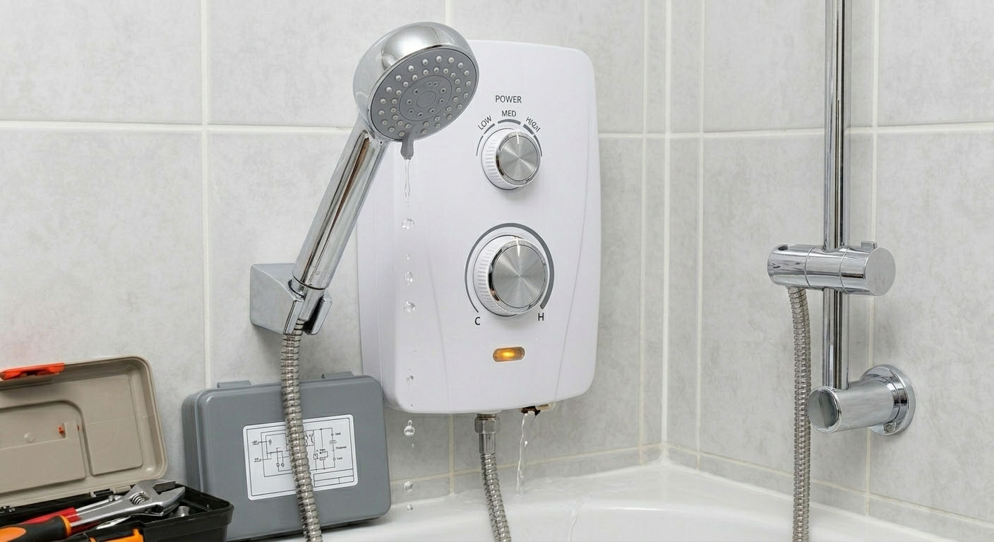Close-up of a UK electric shower head with water droplets — a common starting point when diagnosing why an electric shower has stopped working