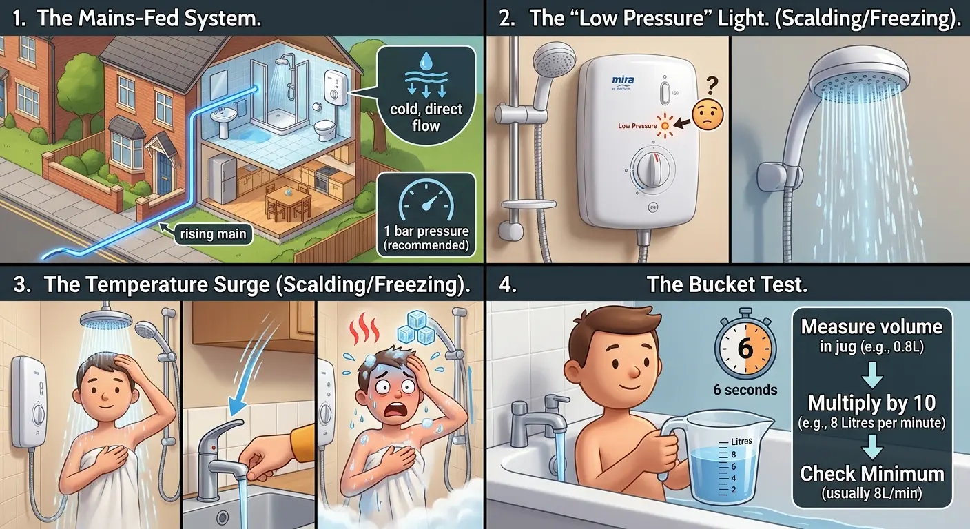 4-step visual guide to diagnosing low water pressure in a UK electric shower: checking the rising main, the low-pressure warning light, temperature surges caused by other taps, and the bucket test method