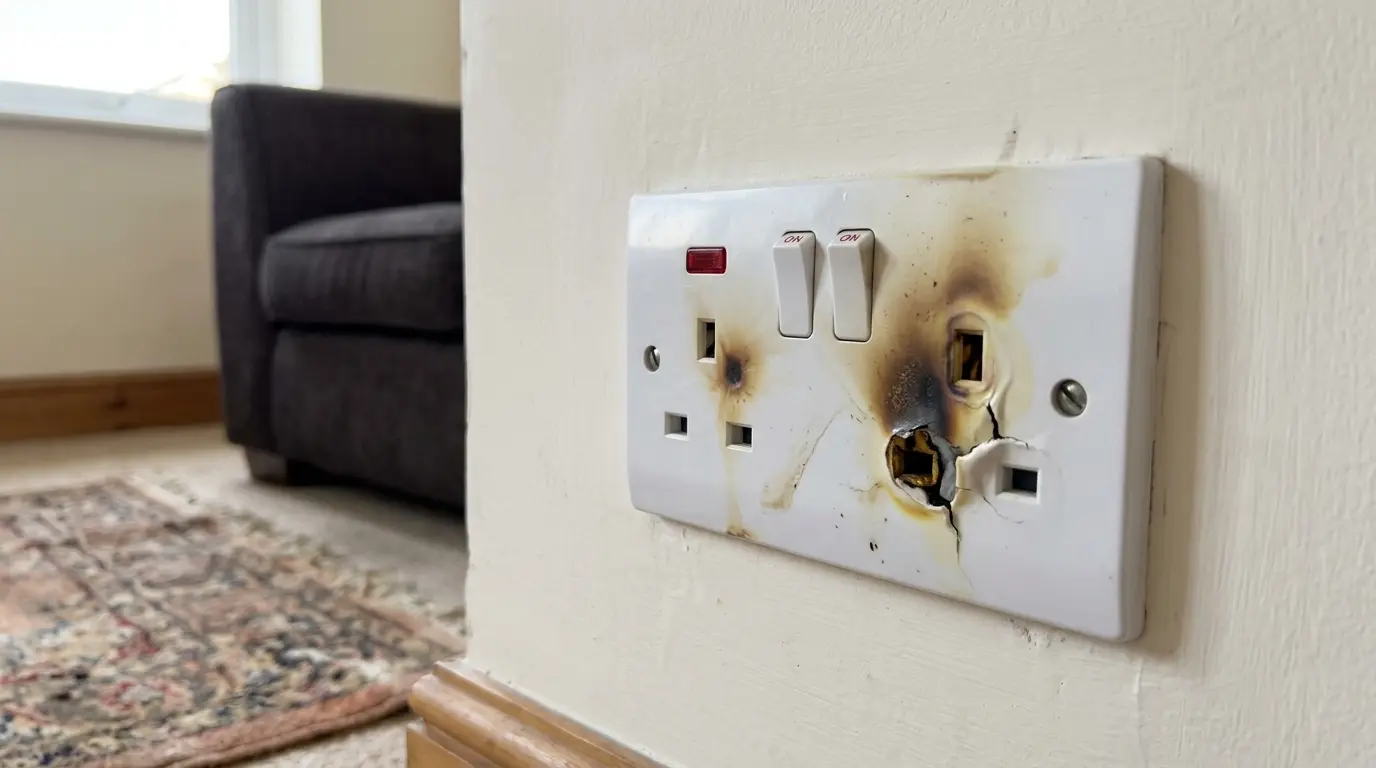 Close up of a burnt out UK plug socket