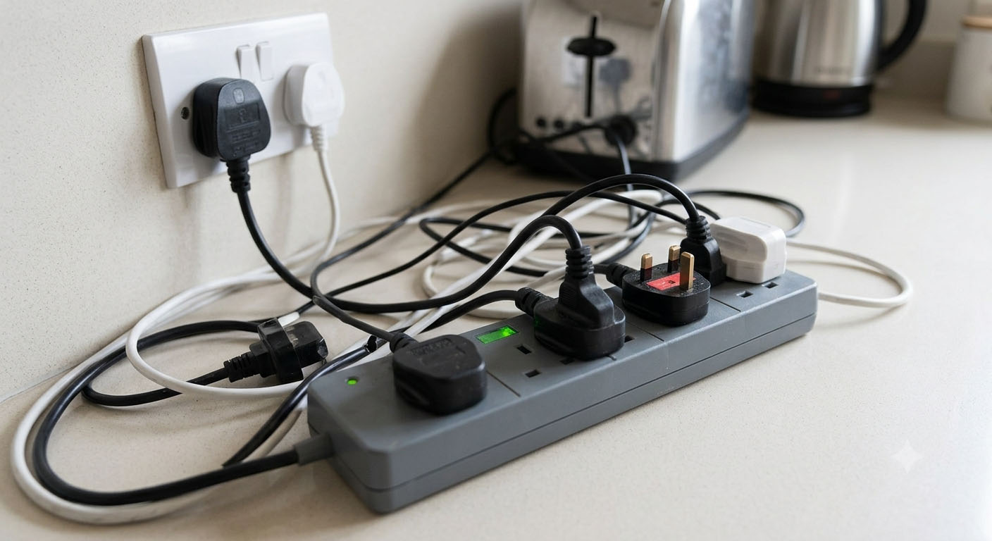 Overloaded UK trailing socket extension lead plugged into a kitchen wall