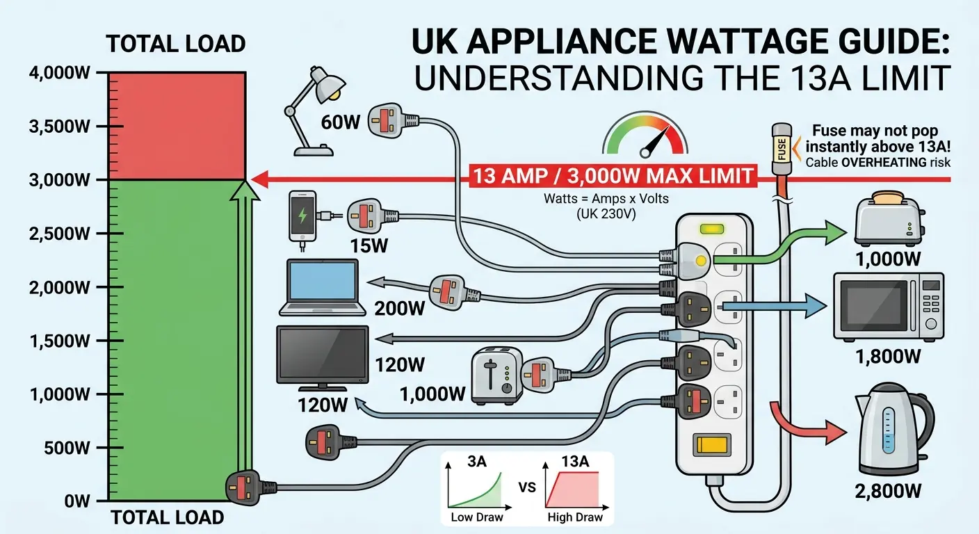 Infographic showing how typical UK appliance wattages add up against a 13 amp limit