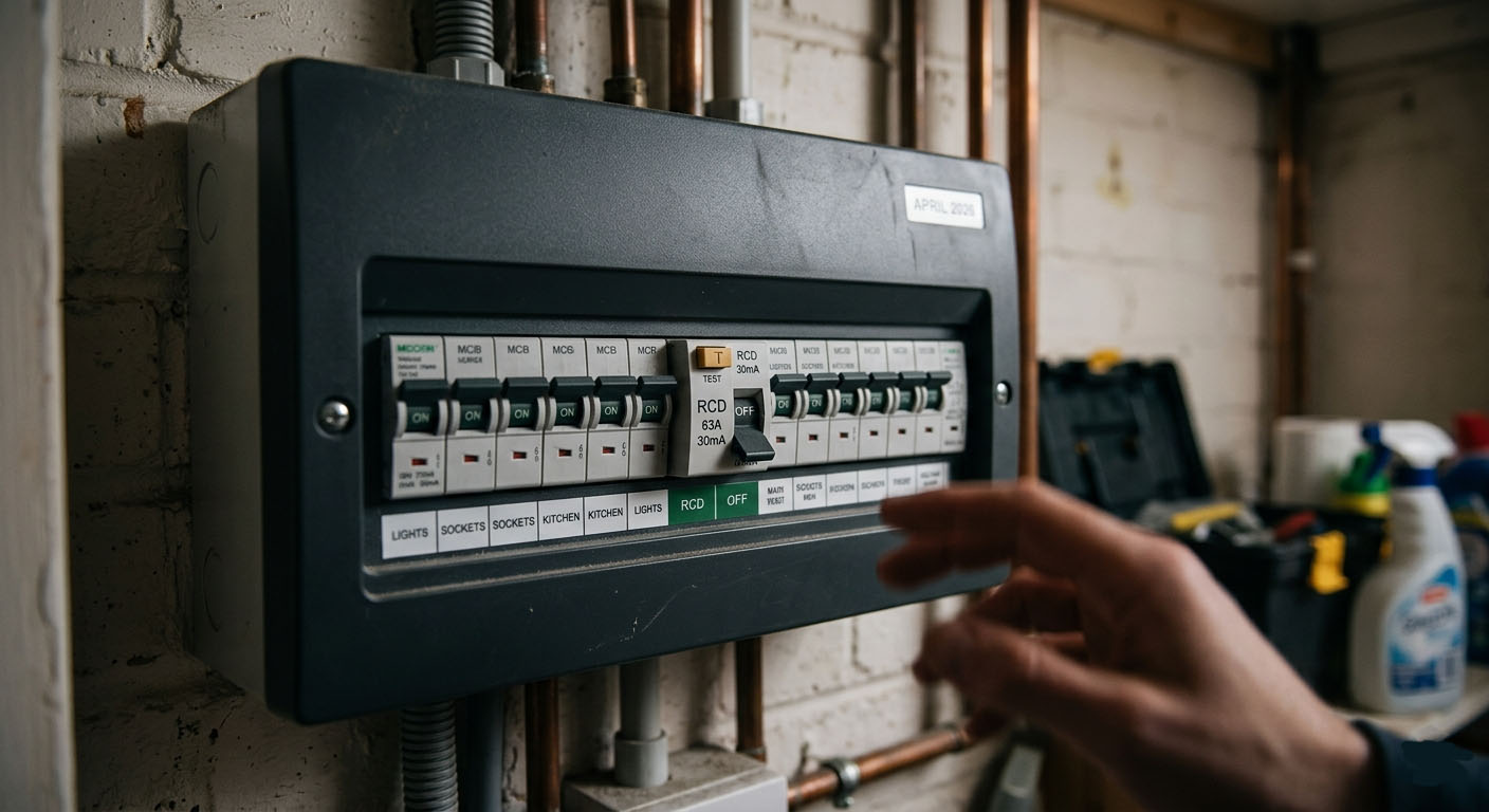 Modern UK consumer unit with the main RCD switch tripped to the off position — a common sight when a fuse box keeps tripping