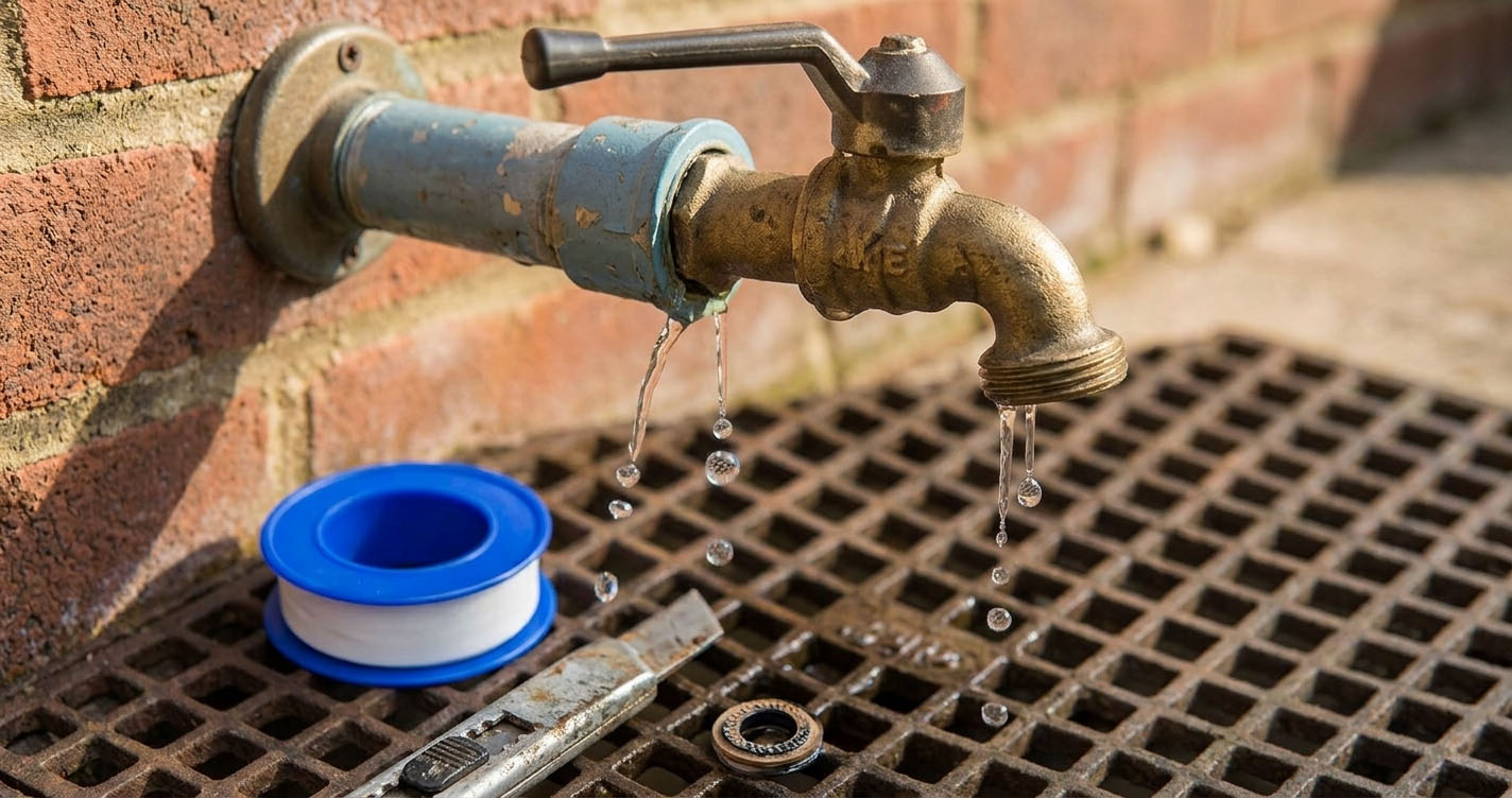 A brass traditional UK garden tap leaking water from the nozzle over a drainage grid
