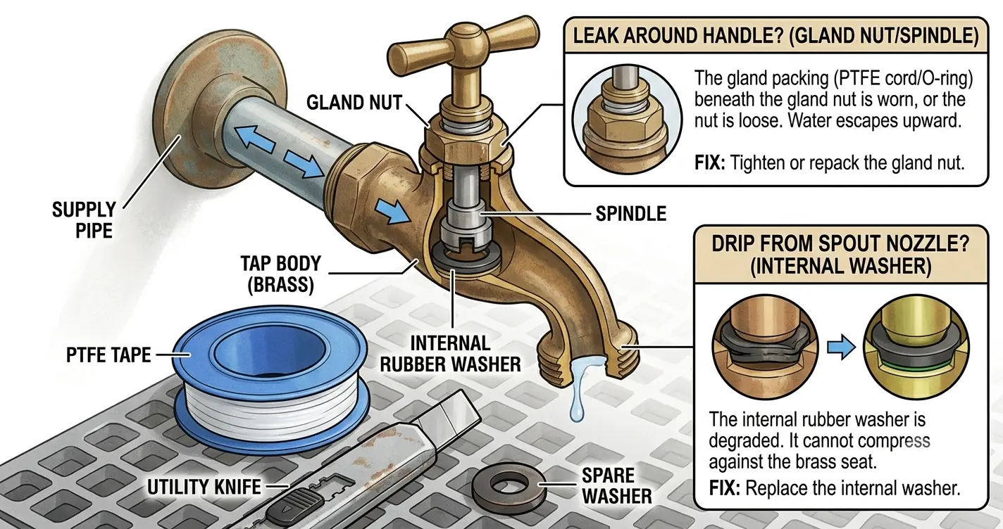 Diagram highlighting the main components of a standard UK brass garden tap including the gland nut, spindle, body, and internal washer