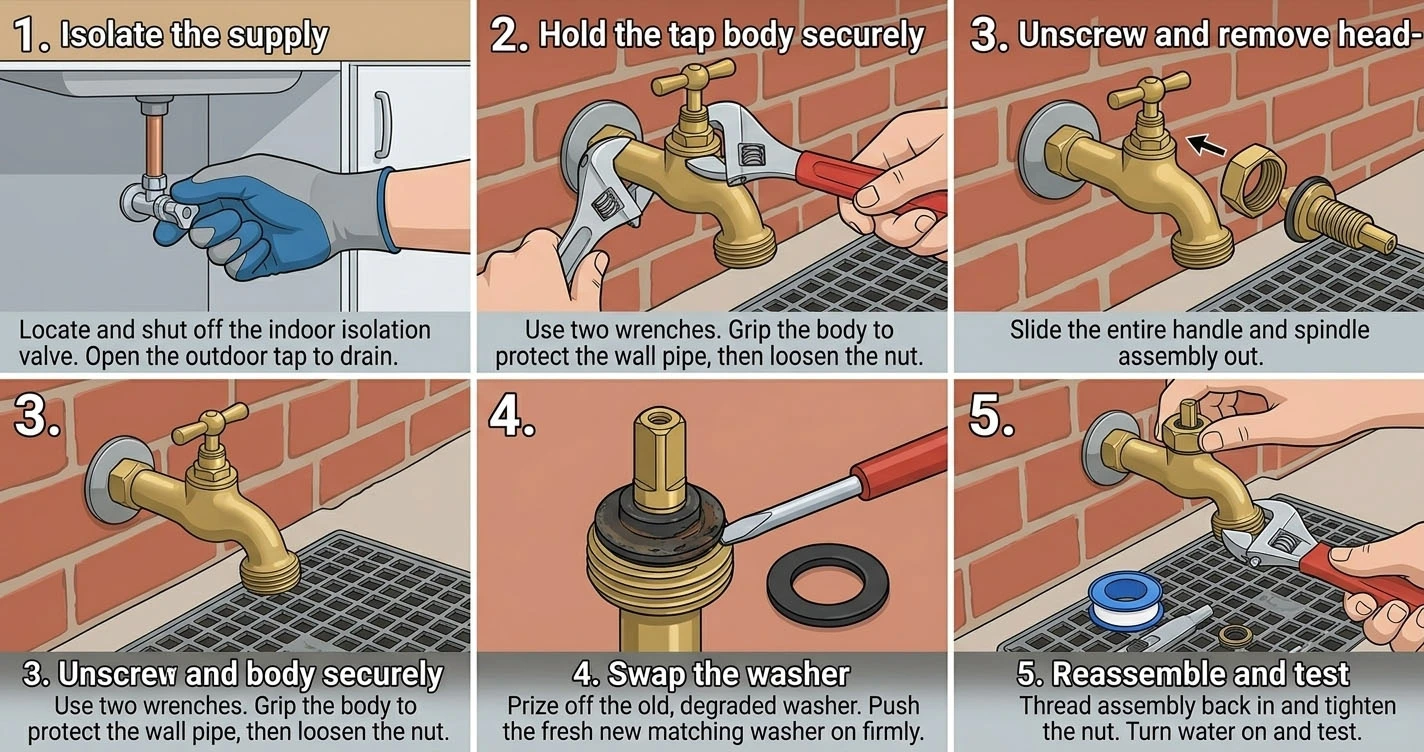 Step-by-step view of opening a brass tap headpiece to replace a degraded rubber washer in a UK garden tap
