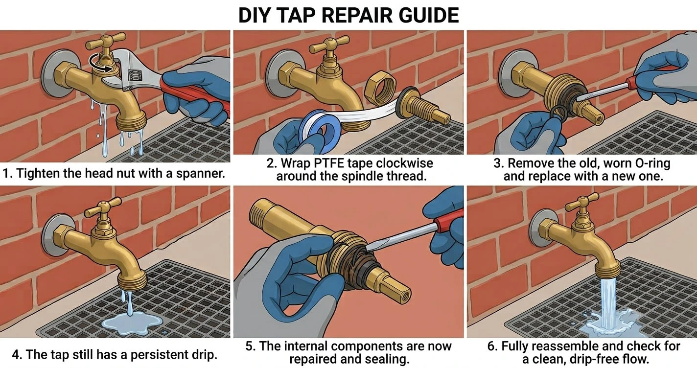 Tightening a brass tap gland nut with an adjustable spanner to stop a spindle leak on a UK outdoor garden tap
