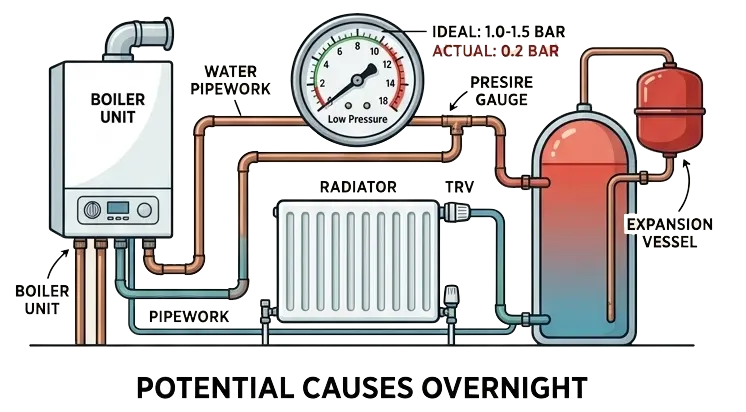 Illustration of a healthy central heating system with proper pressure and efficient circulation