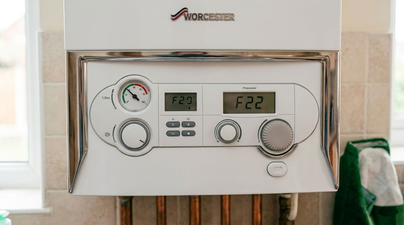 UK homeowner checking a combi boiler when heating works but no hot water comes from the taps
