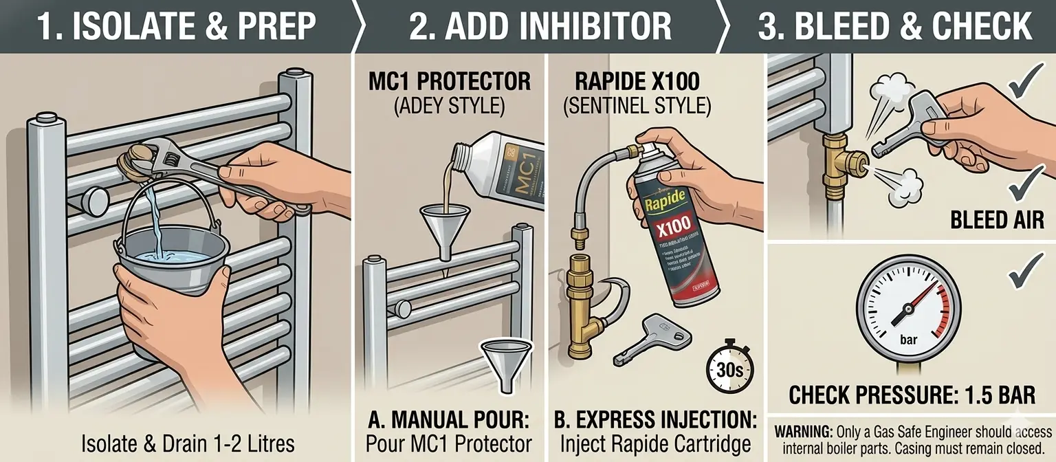 Step-by-step visual guide on how to add MC1 or X100 inhibitor to a UK central heating system