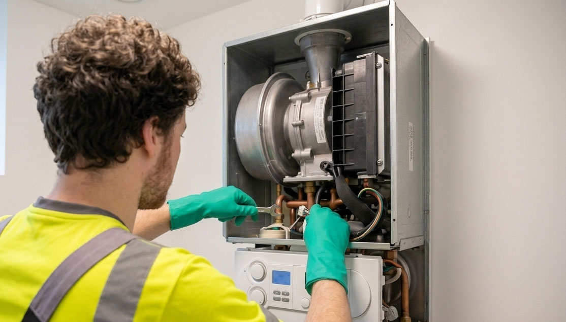 UK homeowner safely inspecting the digital pressure gauge panel on a modern combi boiler