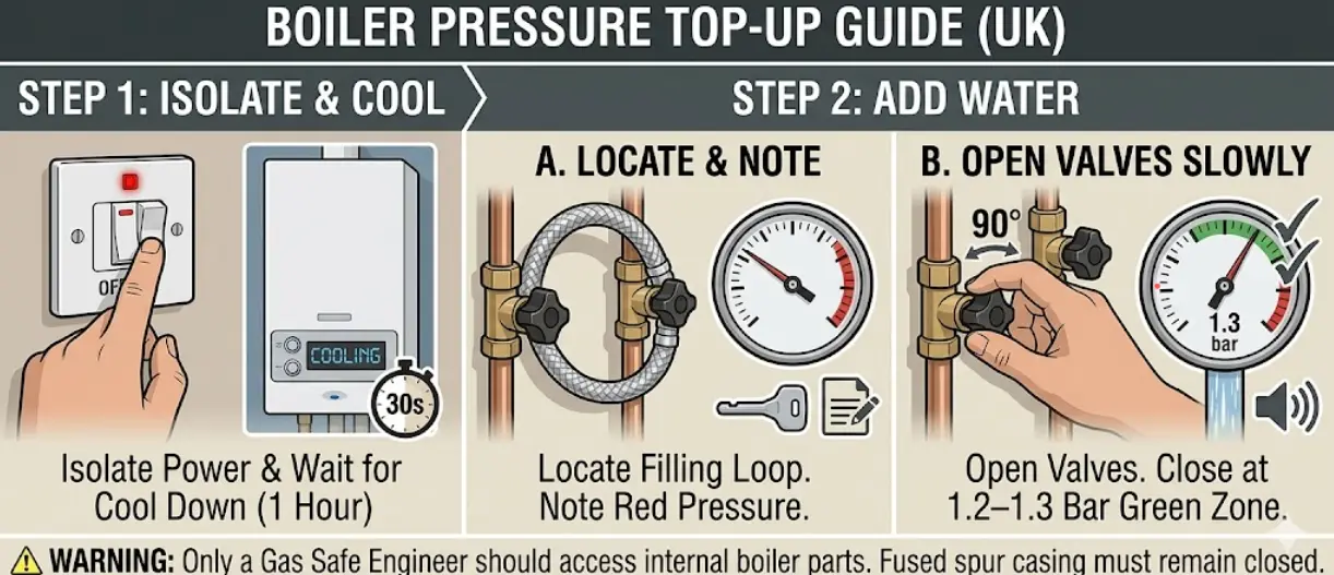Step-by-step view of a filling loop under a combi boiler being opened to top up water pressure