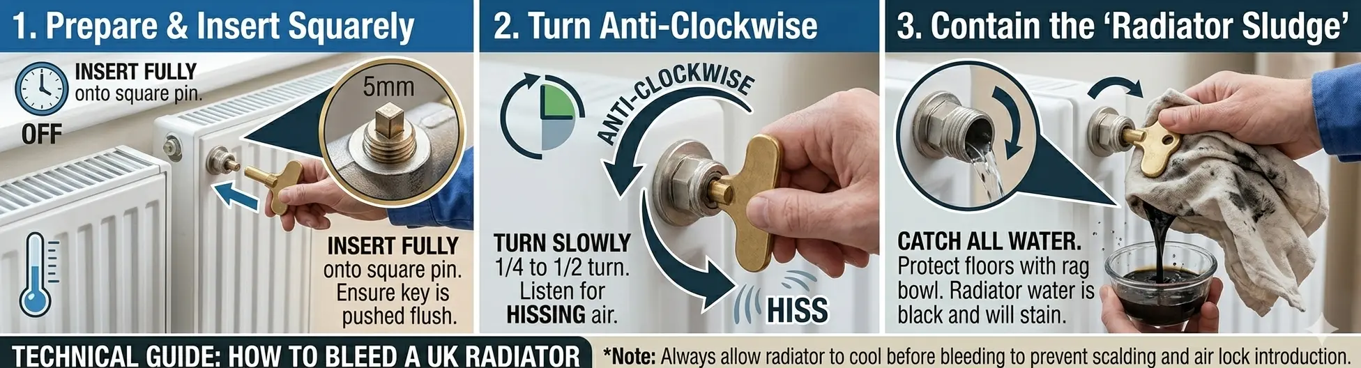 Step-by-step guide on inserting a brass bleed key, turning anti-clockwise, and protecting UK carpets from sludge.