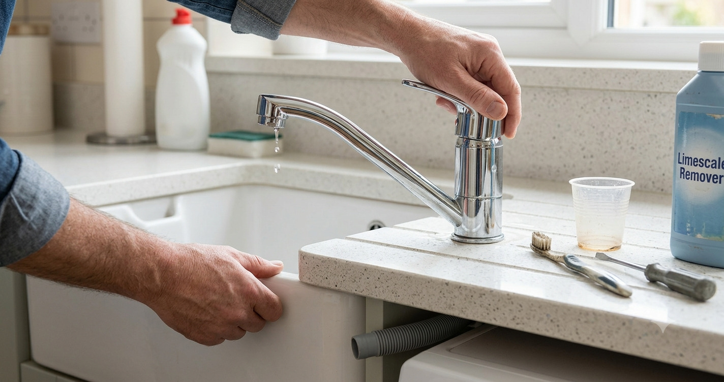 Homeowner checking a modern kitchen mixer tap with no water coming out