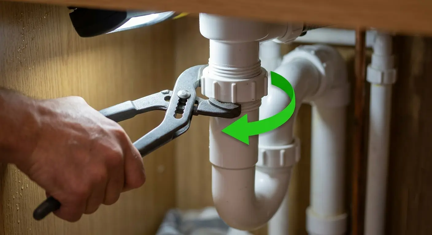 Hand tightening a white plastic compression nut on a waste pipe under a UK kitchen sink