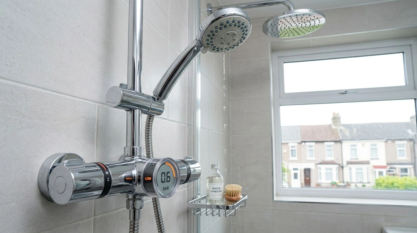 Frustrated person checking a weak shower head in a UK bathroom