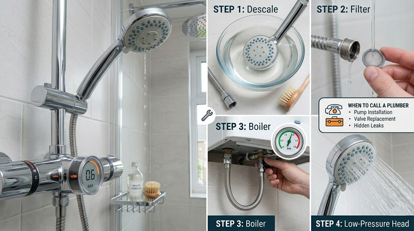 Plumber inspecting a shower valve in a UK bathroom