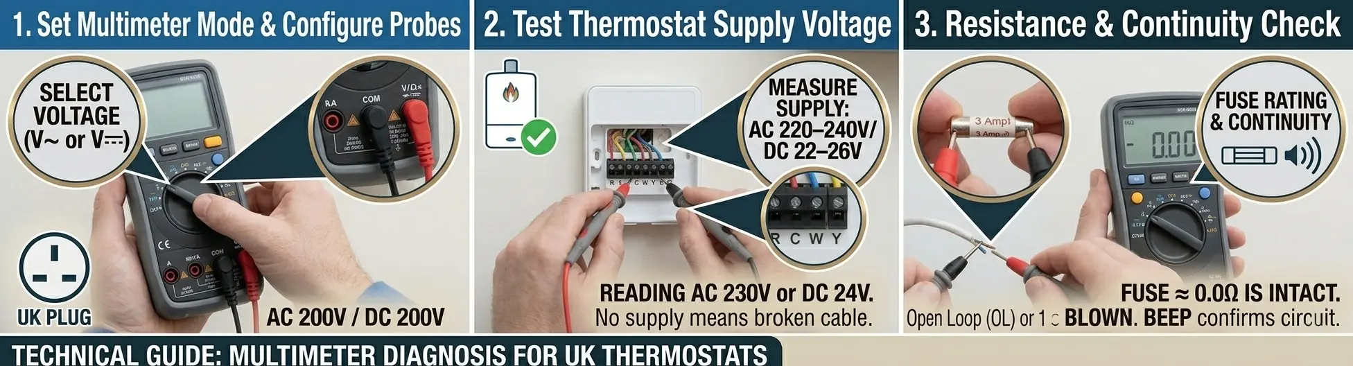 Step-by-step guide to testing thermostat wiring with a digital multimeter in a UK home