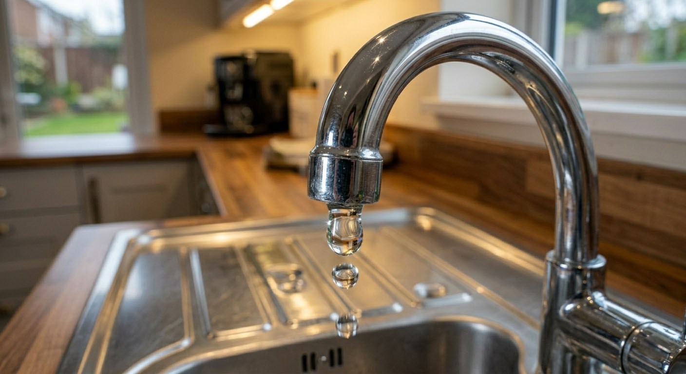 A UK homeowner checking their kitchen cold water tap with no water coming out