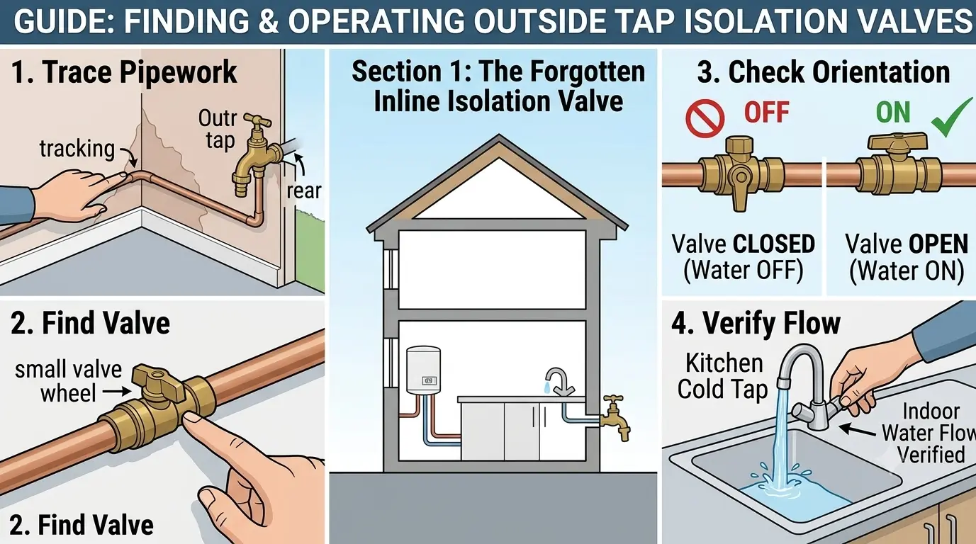 Locating and opening a thumb-turn isolation valve under a kitchen sink to restore flow to an outdoor tap