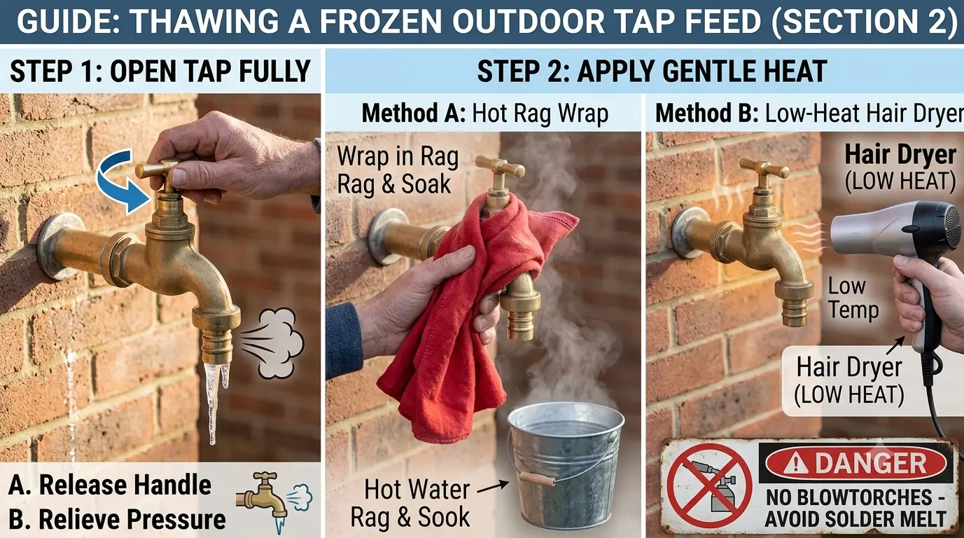 Icicle hanging from an uninsulated outdoor tap assembly, showing freeze damage risks
