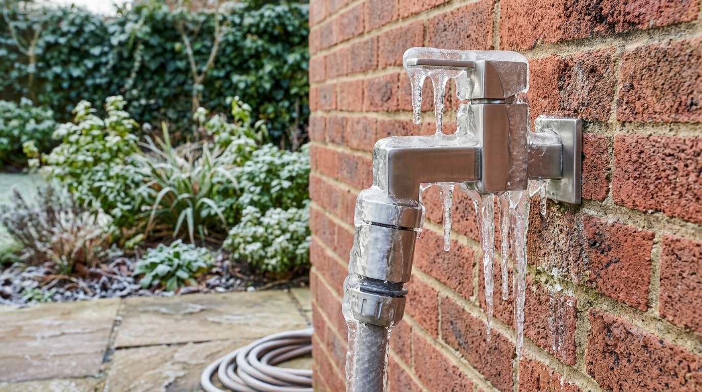 A UK homeowner trying to turn on a frozen outside tap that won't work after winter