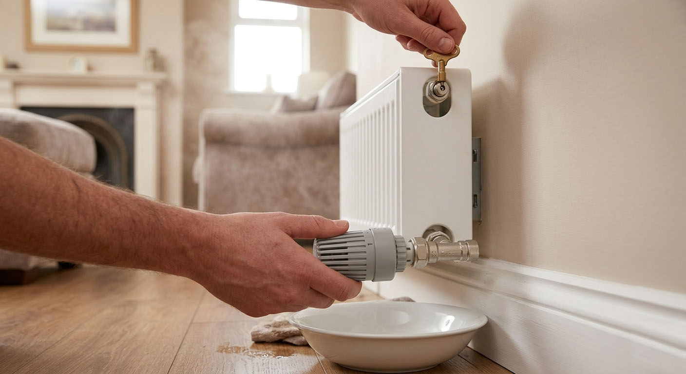 A close up of a radiator bleed valve with a key inserted, showing how to release trapped air in a UK home
