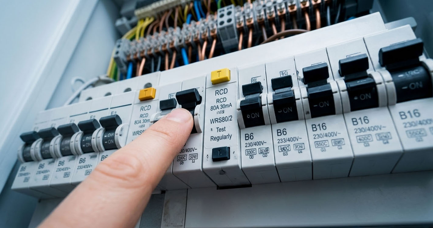 UK consumer unit with a tripped RCD switch in the down position next to a row of MCBs