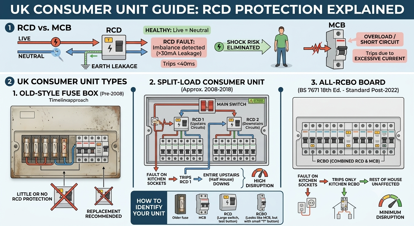 Diagram of a UK split-load consumer unit showing two RCDs feeding banks of MCBs