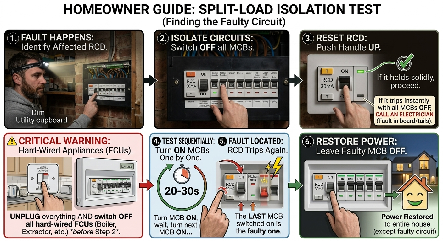 Homeowner switching MCBs off one at a time in a UK consumer unit to isolate a faulty circuit