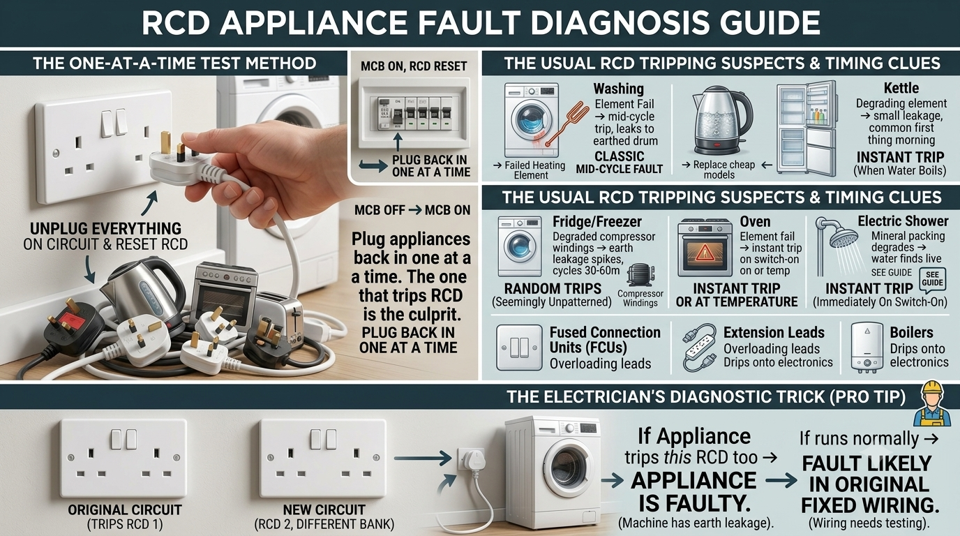 Older UK kettle and washing machine plugs unplugged from a wall socket during RCD fault testing