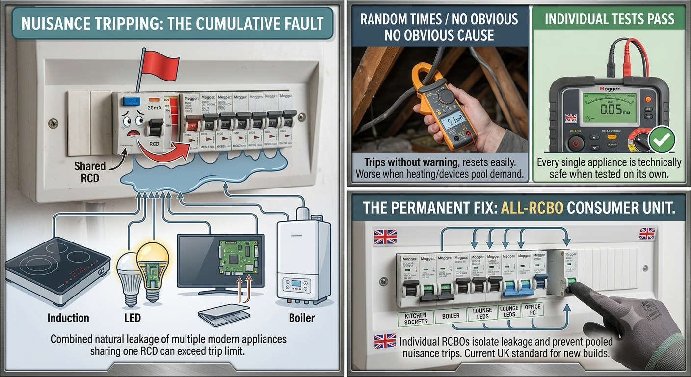 Modern UK all-RCBO consumer unit with individual RCBOs on each circuit