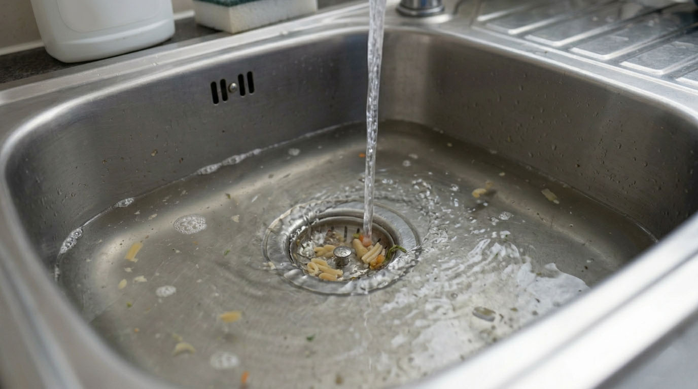 UK homeowner clearing a slow draining kitchen sink using the U-bend method